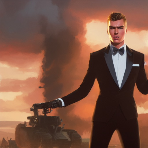 Artificial Intelligence (AI) generated image art, portrait of a young man in a James Bond suit standing in front of a tank, the background is a cloudy sky with an orange glow from the sunset and dark smoke billowing up into the sky