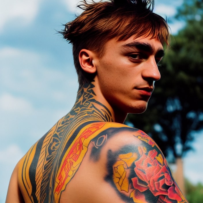 Artificial Intelligence (AI) generated image art, a photo portrait of a young man looking backward over his shoulder into the camera, the man has a tattooed back and shoulder, the tattoos are made out of black, yellow and red ink, it is a sunny day and the background is a blurred out blue sky and trees