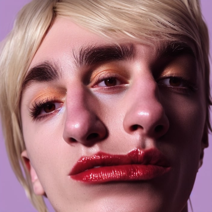 Artificial Intelligence (AI) generated image art, a close up portrait of a young man with blond hair, brown eyes, orange eye shadow and glossy red lipstick, his face is split in two in a weird cloning effect, the background is pink