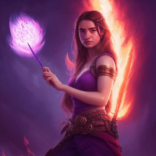 Artificial Intelligence (AI) generated image art, portrait of a young female wizard, she is looking in the camera, she is holding a wand and a purple magic glow comes out of it, the background is a purple fiery glow