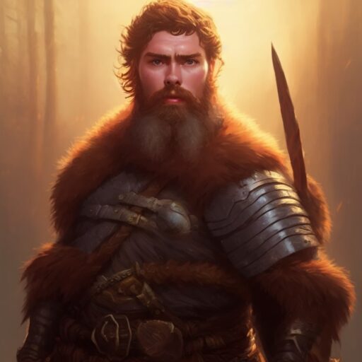 Artificial Intelligence (AI) generated image art, portrait of a young man looking like a fantasy dwarf, he is looking right at us with a serious face, he is wearing armor and has a long beard, the image is in the artstyle of Greg Rutkowski