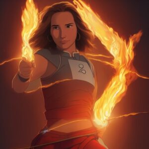 Artificial Intelligence (AI) generated image art, a portrait of a young woman in a fire bender outfit from the show Avatar: The Last Airbender wielding fire, the woman is looking left past the camera with a confident gaze, the background is orange with a strong vignette