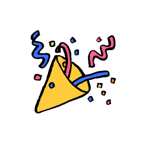 Animation of a yellow party popper shooting blue and pink confetti
