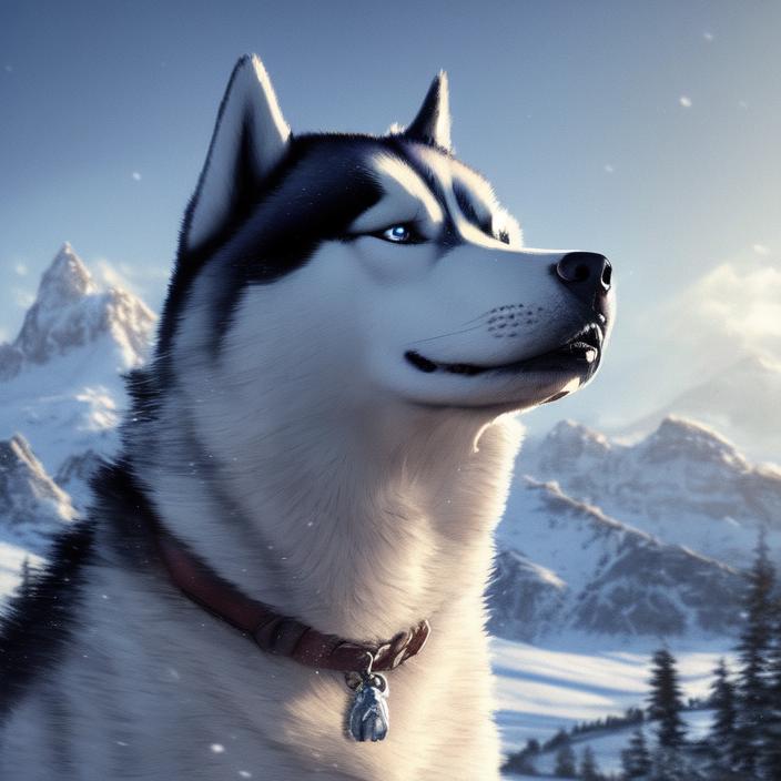 Artificial Intelligence (AI) generated image art, A husky dog, portrait, blue snowy mountains in background, art by greg rutkowski, cinematic lighting, 8k