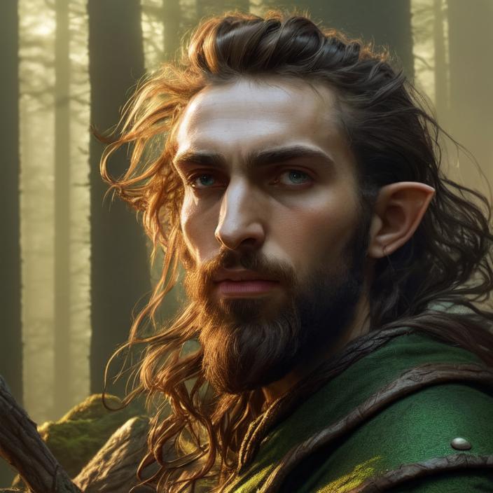 Artificial Intelligence (AI) generated image art, person, ((portrait)), fantasy wood elf, (pointy elf ears), ((fantasy ranger)), man bun hair, close up, facing front, dnd art, (art by Greg Rutkowski), highly detailed, sharp focus, 4k, ((in a forest)), (((magic glow)))