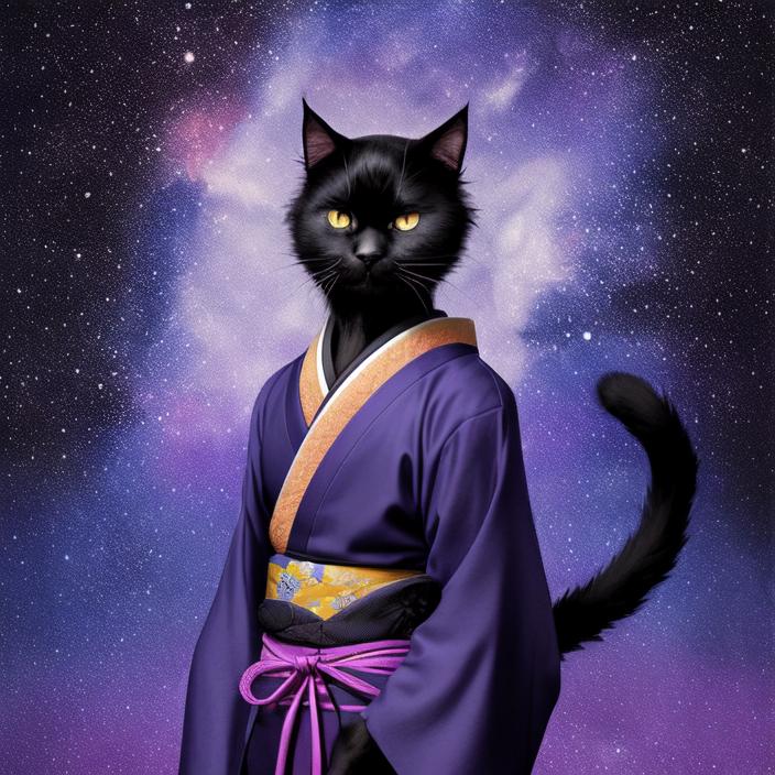 Artificial Intelligence (AI) generated image art, cute anthropomorphic samurai (black cat) in a colorful kimono, starry sky background, blue hour with purple tint, art by greg rutkowski, portrait, well lit subject