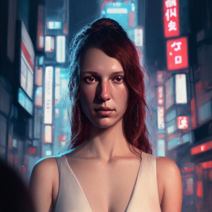 Artificial Intelligence (AI) generated image art, person, portrait, in gala dress, art by Greg Rutkowski, portrait, in Tokyo, highly detailed, 4k, sharp focus, cyberpunk, neon lighting