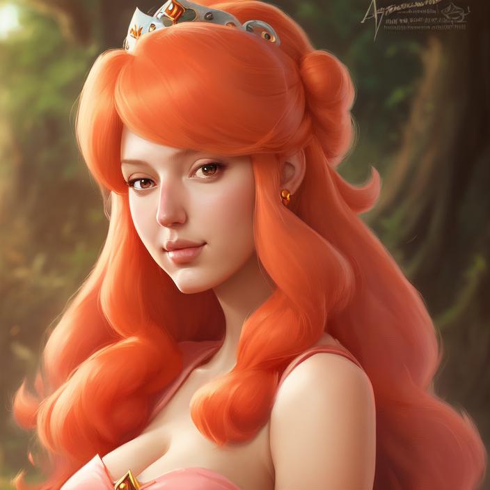 Artificial Intelligence (AI) generated image art, (person) as princess peach, (portrait), made by artgerm, wlop, rossdraws, artstation, cgsociety, concept art, forest background