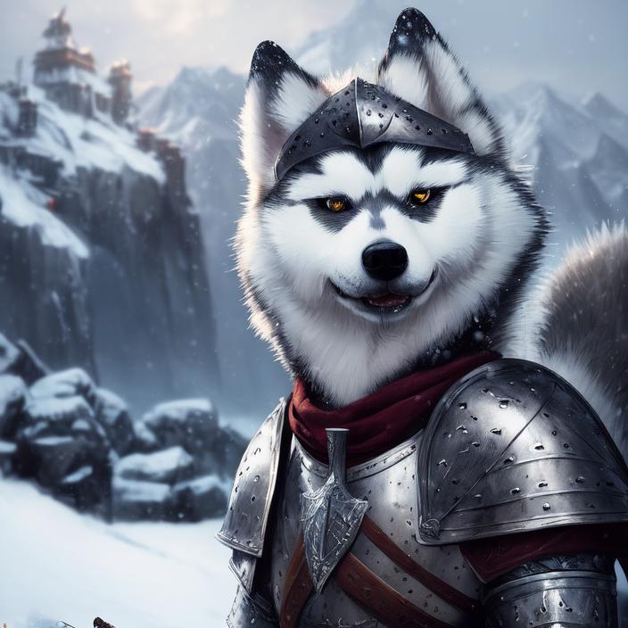 Artificial Intelligence (AI) generated image art, portrait of a cute anthropomorphic knight ((huskey dog)), in armor, cinematic lighting, snowy mountains, art by greg rutkowski, highly detailed, sharp focus, 4k