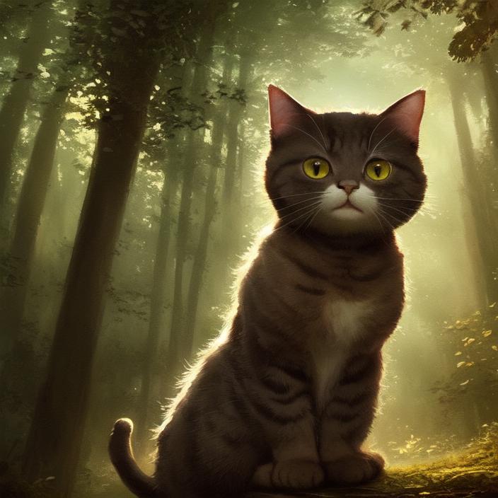 Artificial Intelligence (AI) generated image art, cute cat, portrait, art by greg rutkowski, epic cinematic lighting, forest lake background