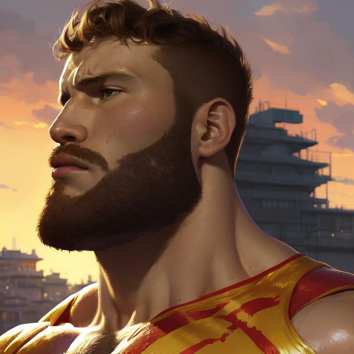 Artificial Intelligence (AI) generated image art, An anime portrait of person as Sagat from street fighter , by Stanley Artgerm Lau, WLOP, Rossdraws, James Jean, Andrei Riabovitchev, Marc Simonetti, and Sakimichan, highly detailed, ultra detailed, golden hour, trending on artstation, cgstudio