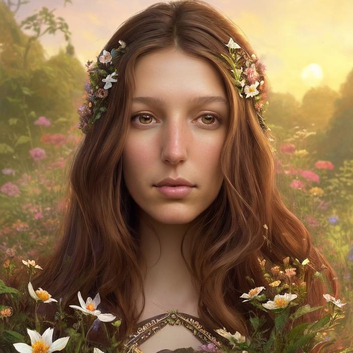 Artificial Intelligence (AI) generated image art, person, ((portrait)), beautiful brown haired fairy princess, highly detailed illustration, in a garden holding a bunch of wild flowers, deep focus, d & d, fantasy, intricate, elegant, highly detailed, digital painting, artstation, concept art, sunset, matte, sharp focus, illustration, hearthstone, art by artgerm and greg rutkowski and alphonse mucha and marco mazzoni