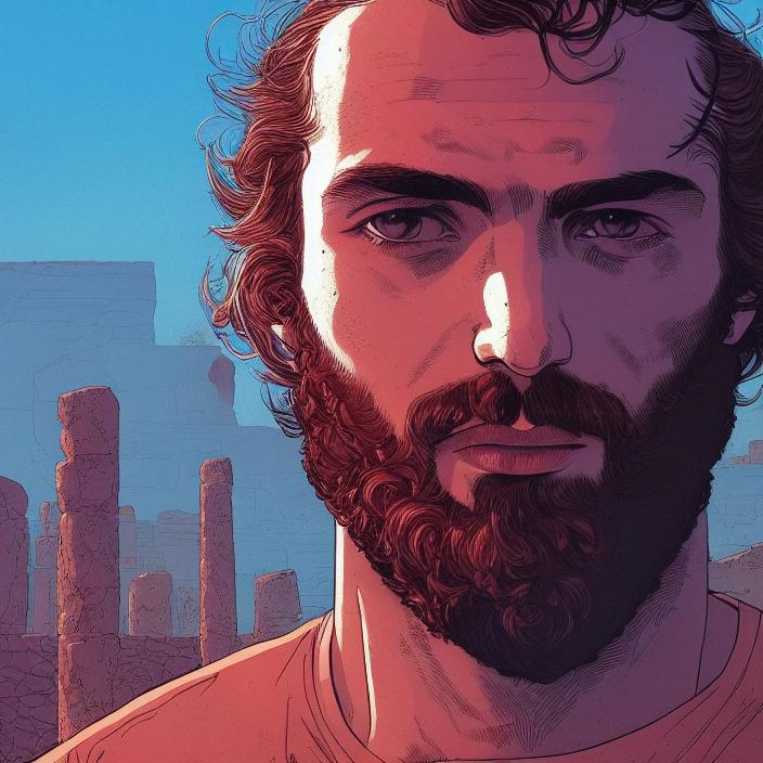 Artificial Intelligence (AI) generated image art, (moebius comic book style), person, illustration, comics, portrait, scifi, landscape, face, ancient ruins background, close up