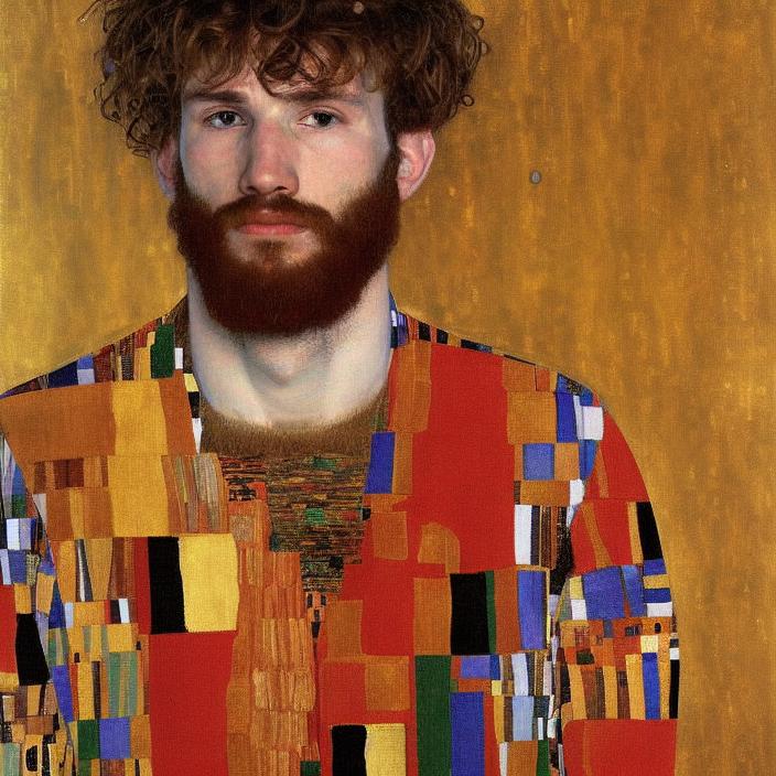 Artificial Intelligence (AI) generated image art, portrait painting by Gustav Klimt of person, rembrandt, highly detailed, sharp focus