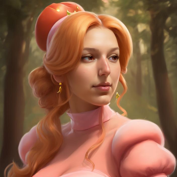 Artificial Intelligence (AI) generated image art, ((person)) as princess peach, (portrait), made by artgerm, wlop, rossdraws, artstation, cgsociety, concept art, forest background