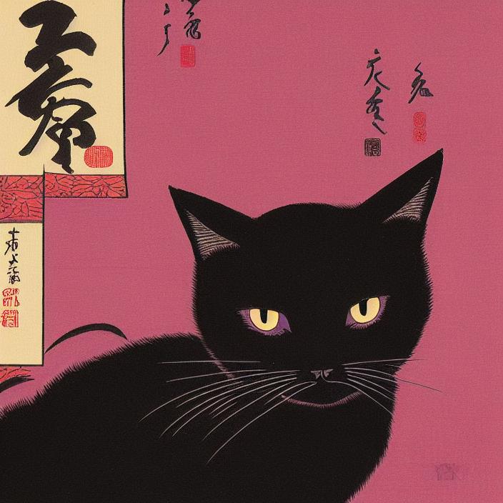 Artificial Intelligence (AI) generated image art, black cat, ukiyo-e, japanese artstyle, purple tint