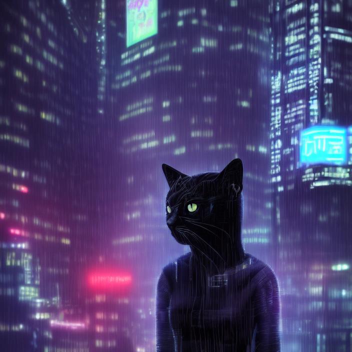 Artificial Intelligence (AI) generated image art, (black cat), futuristic kawaii cyberpunk, portrait, in heavy raining futuristic tokyo rooftop cyberpunk night, digital painting, cinematic lighting, sharp focus