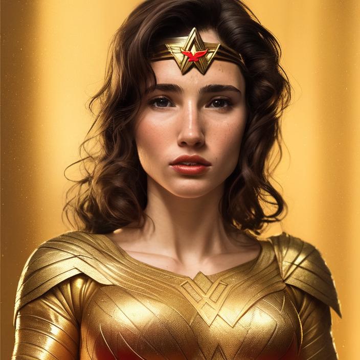 Artificial Intelligence (AI) generated image art, person as wonder woman, ((portrait)), elegant, photorealistic, highly detailed, artstation, smooth, gold ornaments, smooth lighting, sci-fi, art by Klimt