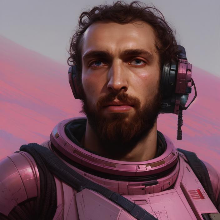 Artificial Intelligence (AI) generated image art, person, (portrait), pink, space soldier, (((one person))), on alien planet, concept art, by Greg Rutkowski, highly detailed, close up, epic