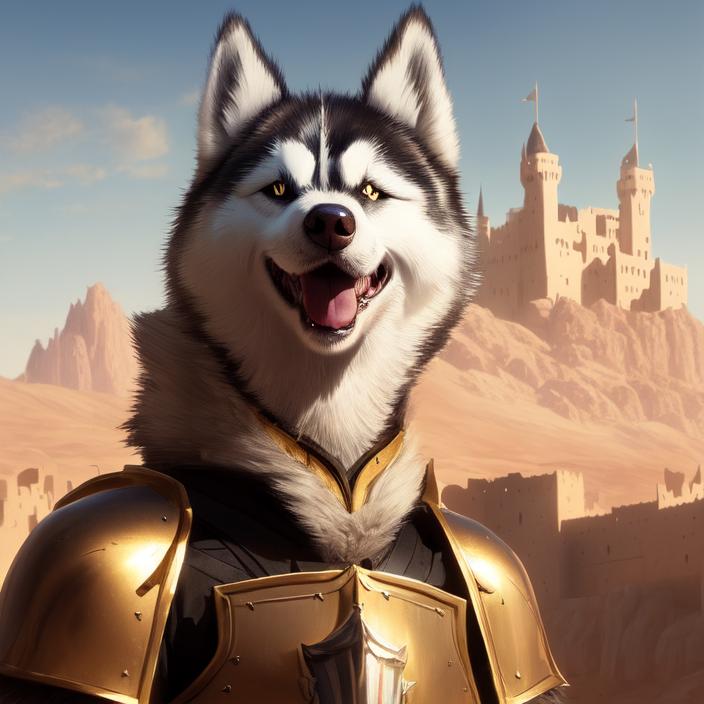 Artificial Intelligence (AI) generated image art, portrait of a cute anthropomorphic knight ((huskey dog)), in golden armor, cinematic lighting, desert mountains, castle in background, art by greg rutkowski, highly detailed, sharp focus, 4k