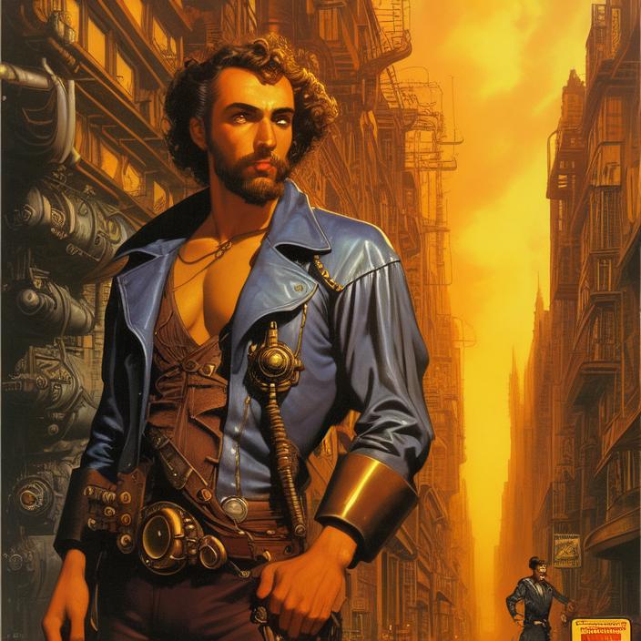 Artificial Intelligence (AI) generated image art, (classic fantasy pulp book cover art), (person) looking in steampunk industrialized street, art by Boris Vallejo, 80s fantasy art, portrait, city street