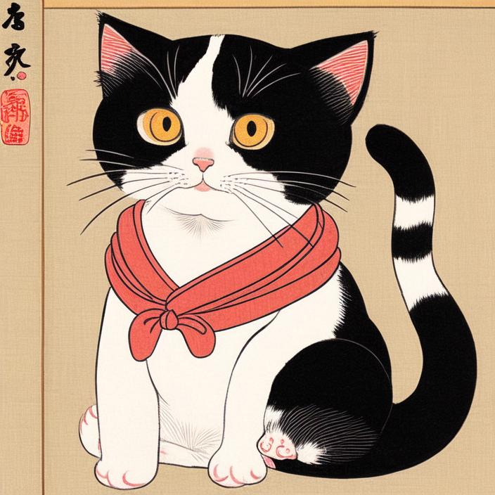 Artificial Intelligence (AI) generated image art, portrait of a cute cat, ukiyo-e style