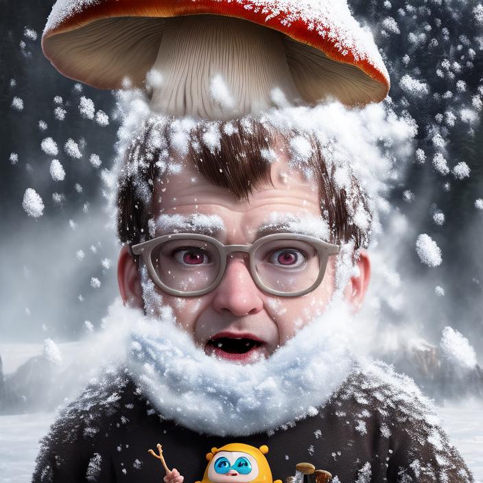 Artificial Intelligence (AI) generated image art, ..., An epic fantasy comic book style portrait painting of an extremely mystical and adorable very evil mushroom boy, character design by Mark Ryden and Pixar and Hayao Miyazaki, unreal 5, DAZ, hyperrealistic, octane render, cosplay, RPG portrait, dynamic lighting, intricate detail, winter vibrancy (((blowing snow))), on a mountain, cinematic