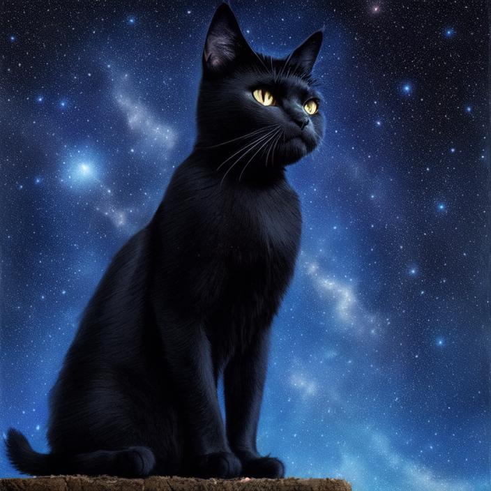Artificial Intelligence (AI) generated image art, Black cat, starry sky background, blue hour, art by greg rutkowski, portrait, well lit