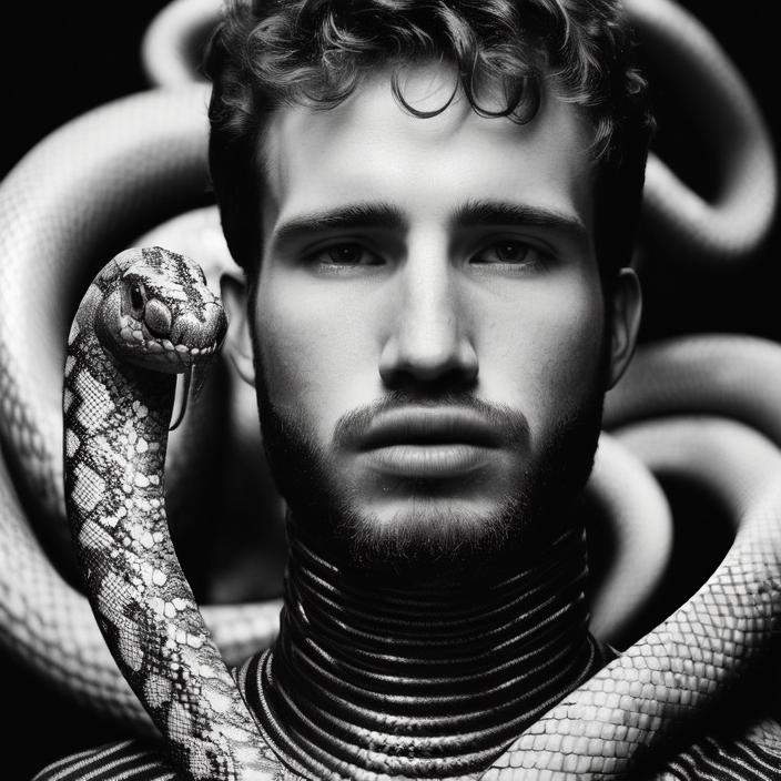 Artificial Intelligence (AI) generated image art, fashion photography of person, with the head of a snake, wearing futuristic hiphop fashion, inside berghain, futuristic fashion, photo 3 5 mm leica, hyperdetail, 8 k, very detailed, black and white