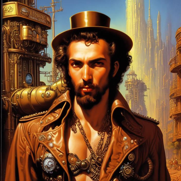 Artificial Intelligence (AI) generated image art, (classic fantasy pulp book cover art), (person) looking in steampunk industrialized street, art by Boris Vallejo, 80s fantasy art, portrait, city street