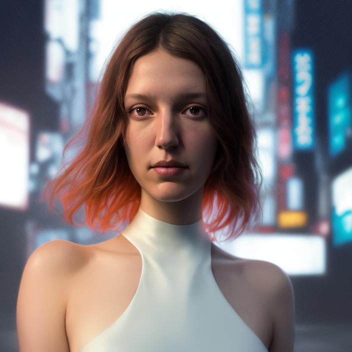 Artificial Intelligence (AI) generated image art, person, portrait, in white gala dress, art by Greg Rutkowski, portrait, (in colorful Tokyo), cinematic lighting, good lighting, bright glow, well lit face, highly detailed, 4k, sharp focus, cyberpunk, (neon lighting), close up