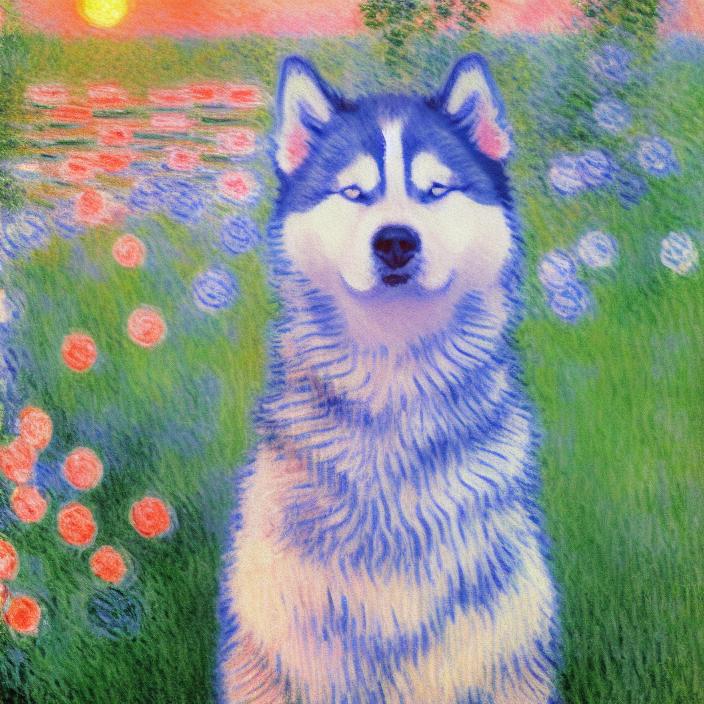 Artificial Intelligence (AI) generated image art, cute happy huskey, (portrait), (close-up), ((painting by claude monet)), flowers, sunset in background, looking in camera