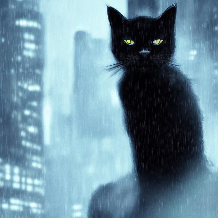 Artificial Intelligence (AI) generated image art, (black cat portrait), futuristic kawaii cyberpunk police, in heavy raining futuristic tokyo rooftop cyberpunk night, digital painting, cinematic lighting, sharp focus