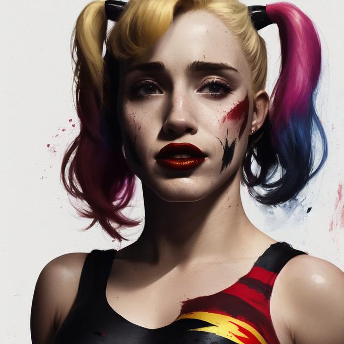 Artificial Intelligence (AI) generated image art, (person) as (classic harley quinn), portrait, art by greg rutkowski