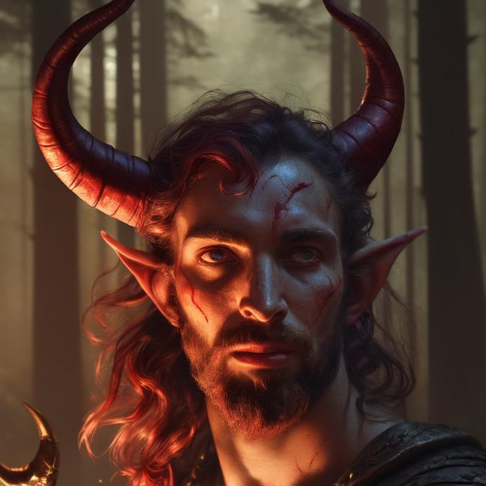 Artificial Intelligence (AI) generated image art, person, ((portrait)), fantasy tiefling, (two horns), (red skin), ((fantasy tiefling)), close up, dnd art, (art by Greg Rutkowski), highly detailed, sharp focus, 4k, ((in a forest)), (((magic glow)))