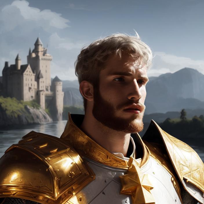 Artificial Intelligence (AI) generated image art, person, ((portrait)), close-up, fantasy knight, dnd, ((in white armor with golden symbols)), white hair, (castle in background), art by Greg Rutkowski, highly detailed, sharp focus, 4k