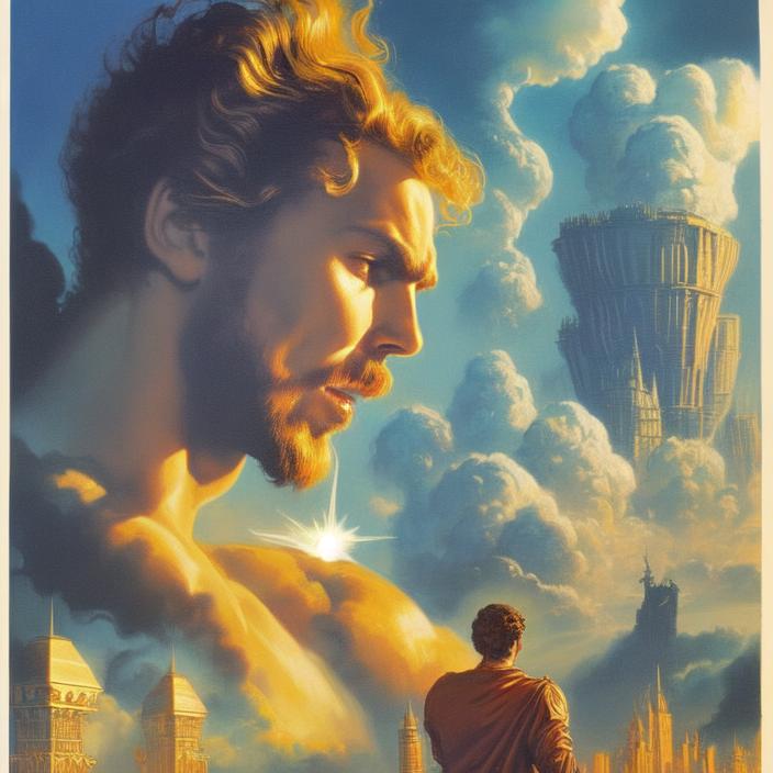 Artificial Intelligence (AI) generated image art, (classic fantasy pulp book cover art), (person) man looking at a floating city in the clouds, art by Boris Vallejo, 80s fantasy art, portrait, from behind