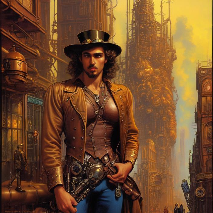 Artificial Intelligence (AI) generated image art, (classic fantasy pulp book cover art), (person) man in steampunk industrialized street, art by Boris Vallejo, 80s fantasy art, portrait, city street