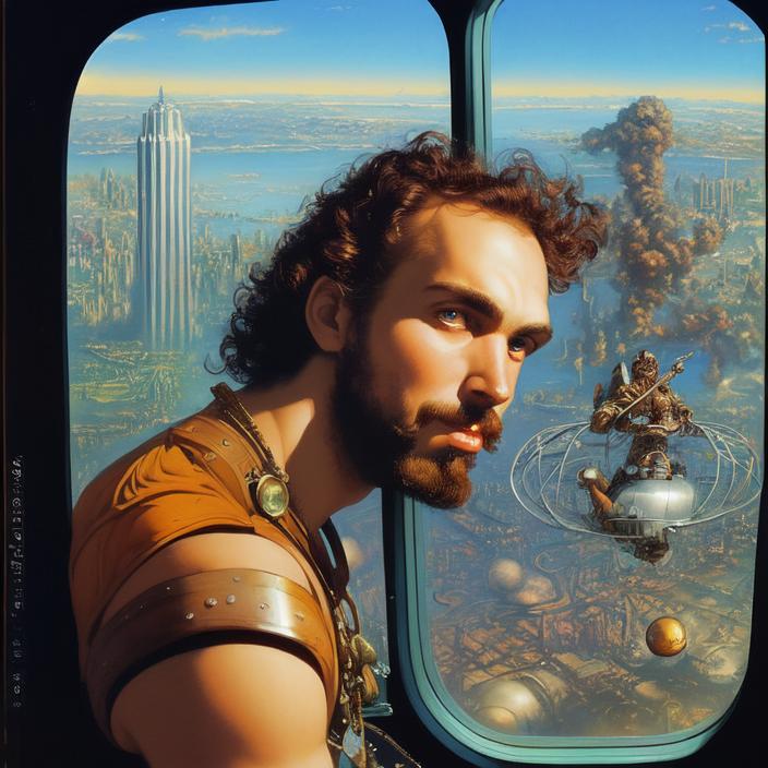 Artificial Intelligence (AI) generated image art, (person) man looking through airplane window at steampunk city below, art by Boris Vallejo, art by Julie Bell, illustration, 80s fantasy art, portrait, city street