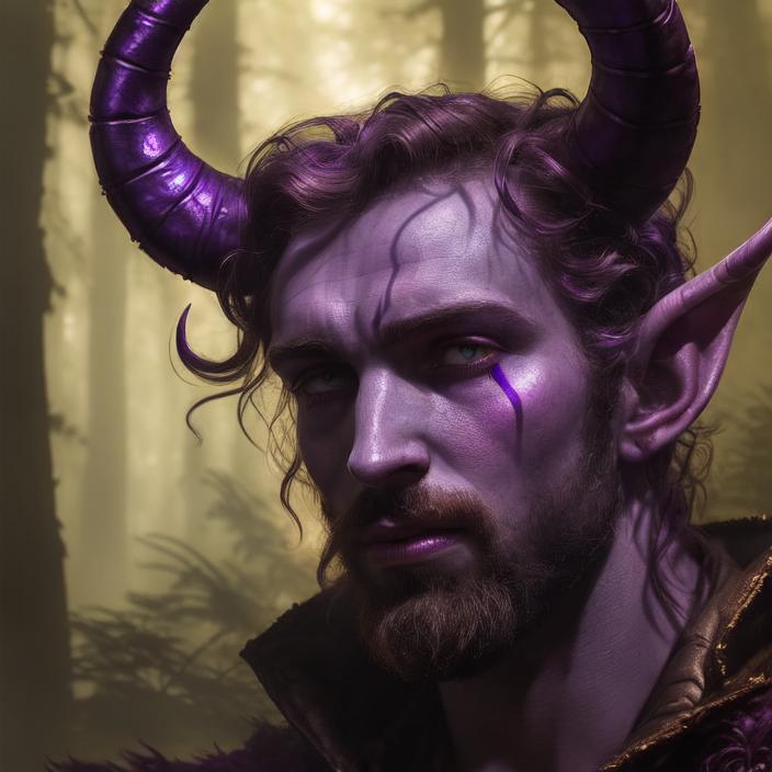 Artificial Intelligence (AI) generated image art, person, ((portrait)), fantasy tiefling, (two horns), (purple skin), ((fantasy tiefling)), close up, dnd art, (art by Greg Rutkowski), highly detailed, sharp focus, 4k, ((in a forest)), (((magic glow)))