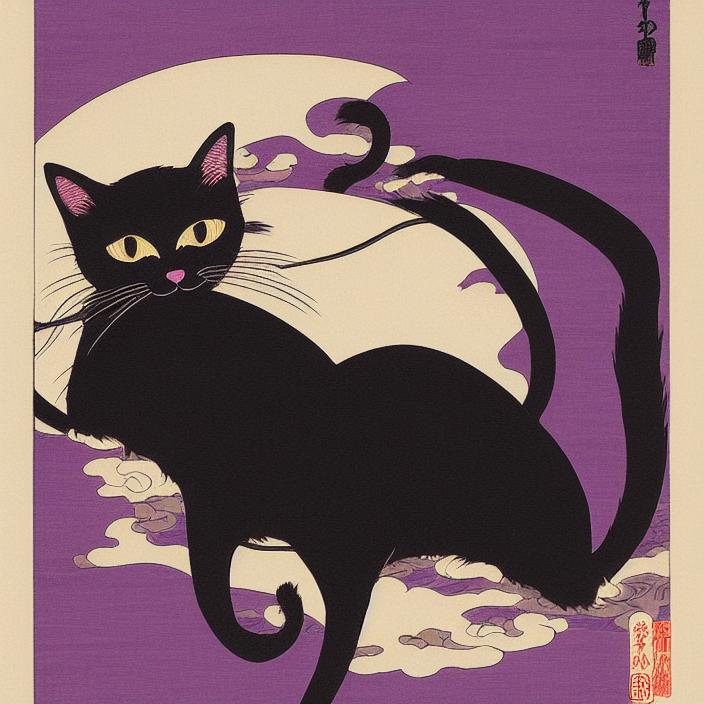 Artificial Intelligence (AI) generated image art, black cat, ukiyo-e, japanese artstyle, purple tint