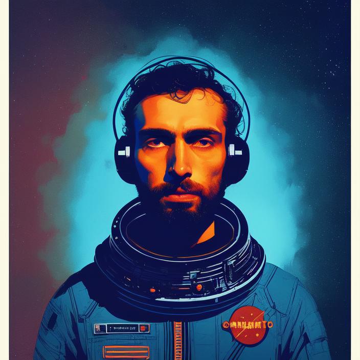 Artificial Intelligence (AI) generated image art, (person), ( ( dither ) ), portrait, editorial illustration young astronaut man in space, modern art deco, colorful, ( ( mads berg ) ), christopher balaskas, victo ngai, rich grainy texture, detailed, dynamic composition, wide angle, moebius, matte print