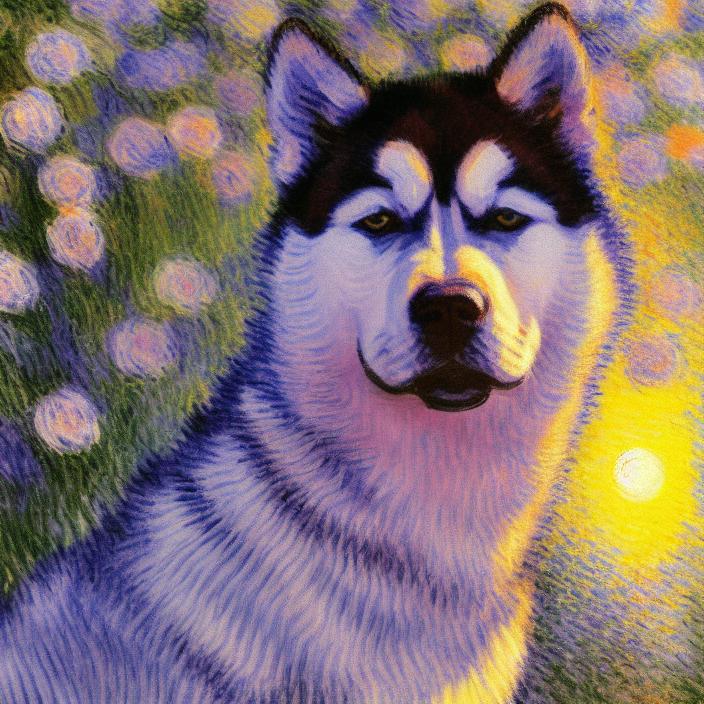 Artificial Intelligence (AI) generated image art, cute happy huskey, (portrait), (close-up), ((painting by claude monet)), flowers, sunset in background, looking in camera