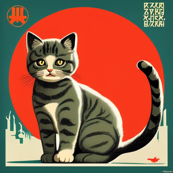 Artificial Intelligence (AI) generated image art, cute cat, (intricate soviet propaganda poster), illustration, sharp focus, retro, boris kriukov