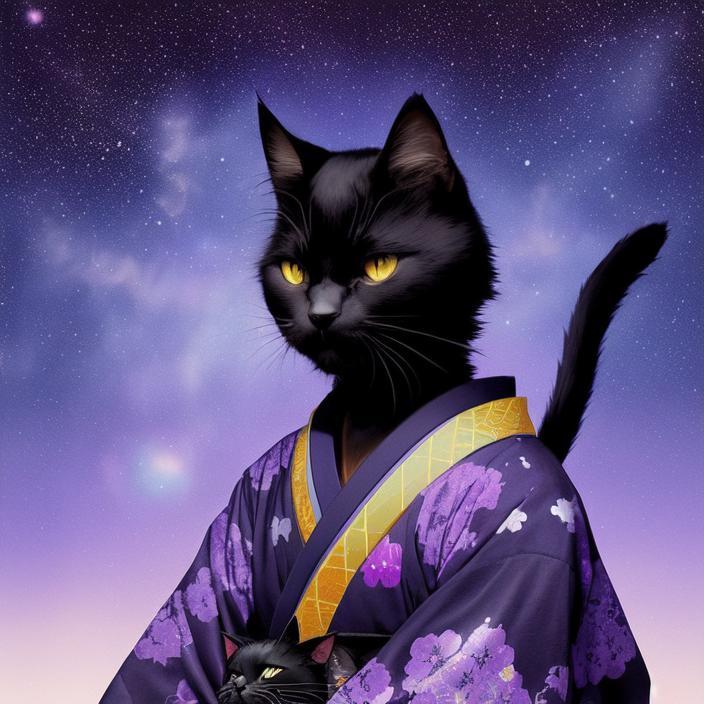 Artificial Intelligence (AI) generated image art, cute anthropomorphic samurai (black cat) in a colorful kimono, starry sky background, blue hour with purple tint, art by greg rutkowski, portrait, well lit subject