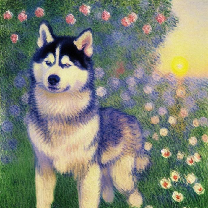 Artificial Intelligence (AI) generated image art, cute happy huskey, portrait, close-up, ((painting by claude monet)), flowers, sunset in background