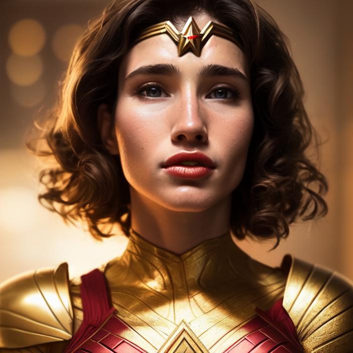 Artificial Intelligence (AI) generated image art, person as wonder woman, ((portrait)), elegant, photorealistic, highly detailed, artstation, smooth, gold ornaments, smooth lighting, sci-fi, art by Klimt