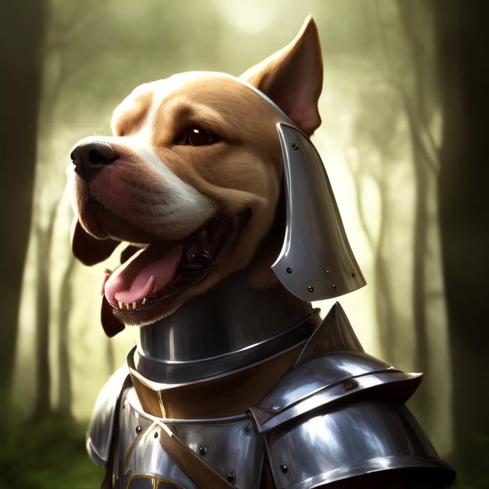 Artificial Intelligence (AI) generated image art, portrait of a cute knight dog, anthropomorphic, cinematic lighting, forest