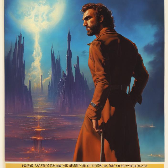 Artificial Intelligence (AI) generated image art, (classic fantasy pulp book cover art), ((person)) man in trenchcoat looking at a floating sky megacity, art by Boris Vallejo, 80s fantasy art, portrait, side view, from behind, close up