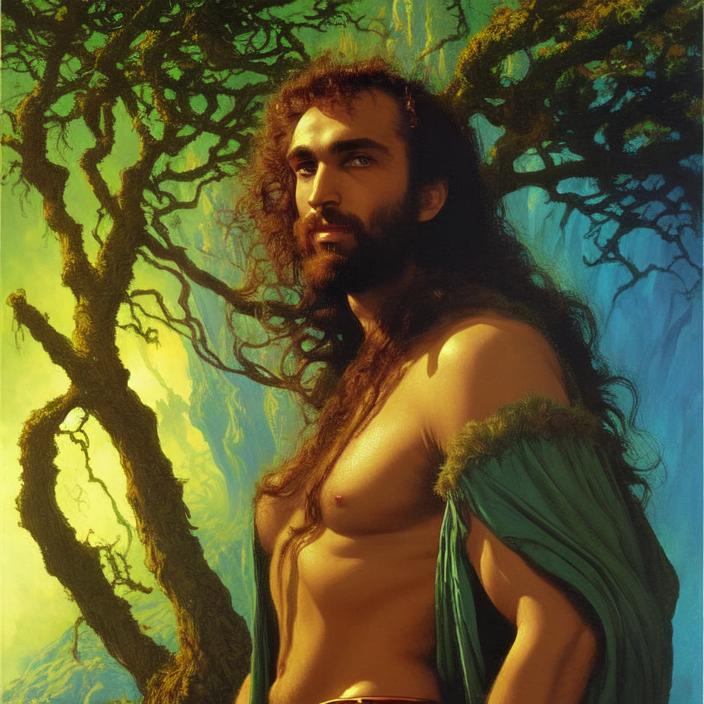 Artificial Intelligence (AI) generated image art, (person) as a druid man, art by Boris Vallejo, art by Julie Bell, illustration, 80s fantasy art, portrait, landscape